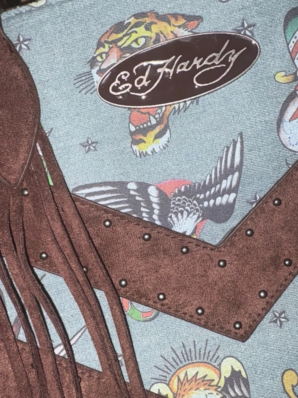 Ed Hardy Blue Printed Canvas Tote with Brown Suede Fringe